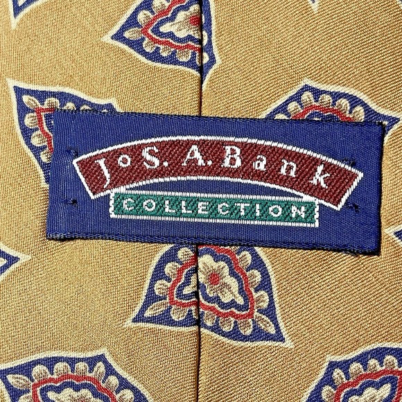 Jos A‎ Banks signature collection 100% silk neck tie Tan W/ Dark Blue & Gold - Picture 4 of 5